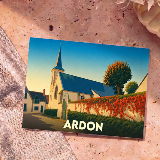 Carte postale souvenir de la ville d'Ardon avec une illustration stylisée de son église et de ses paysages automnaux.