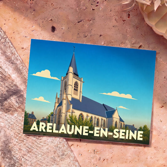 Carte postale souvenir de la ville d'Arelaune-en-Seine illustrant son église dans un style graphique épuré.