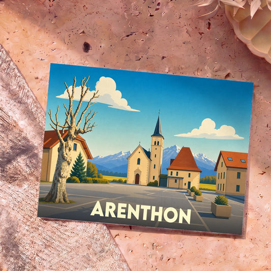 Carte postale souvenir de la ville d'Arenthon présentant une illustration stylisée d'une place de village avec son église devant les montagnes.