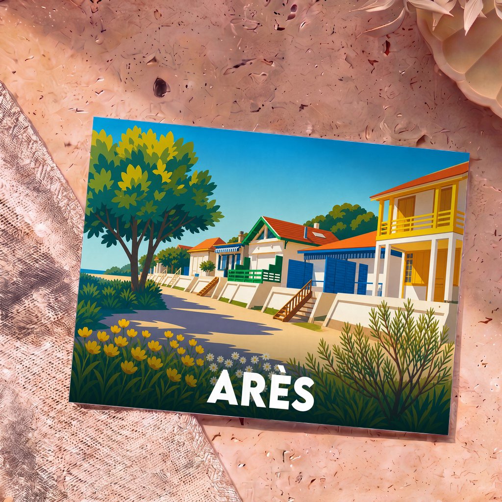 Carte postale souvenir de la ville d'Arès avec une illustration stylisée et colorée de ses cabanes de pêcheurs en bord de mer.