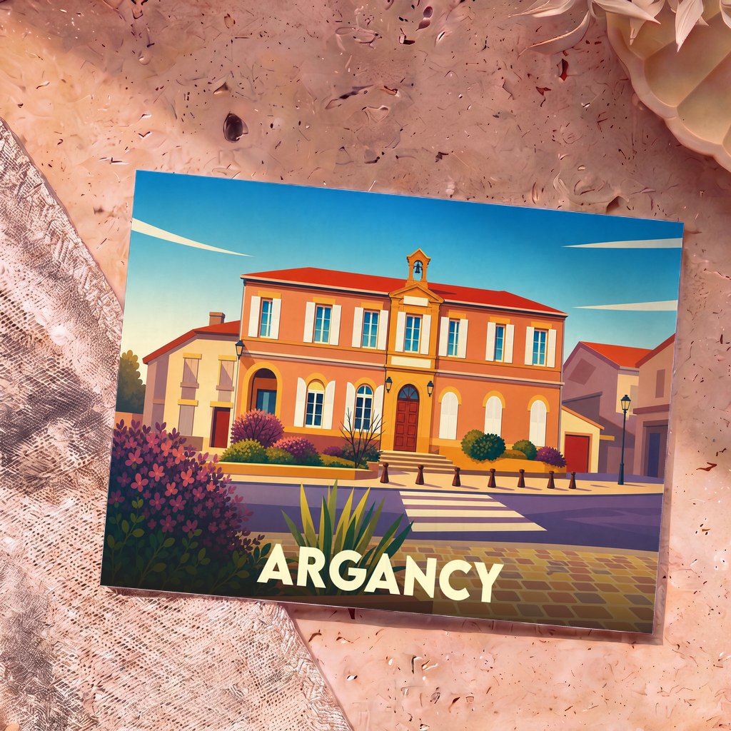 Carte postale souvenir de la ville d'Argancy avec une illustration stylisée de son hôtel de ville.