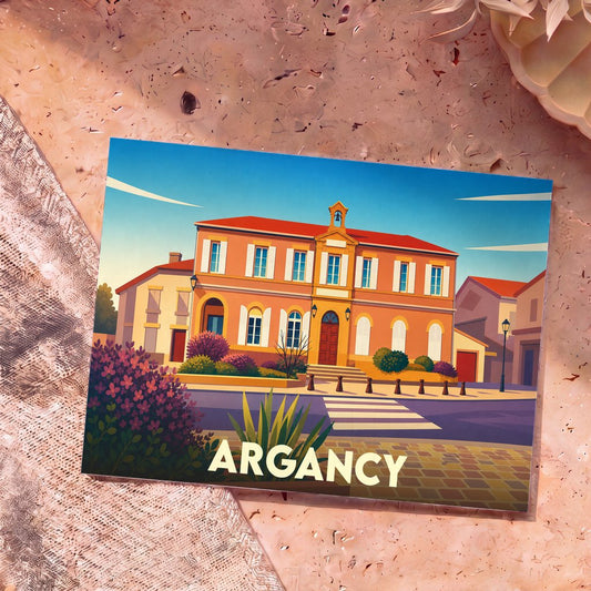 Carte postale souvenir de la ville d'Argancy avec une illustration stylisée de son hôtel de ville.
