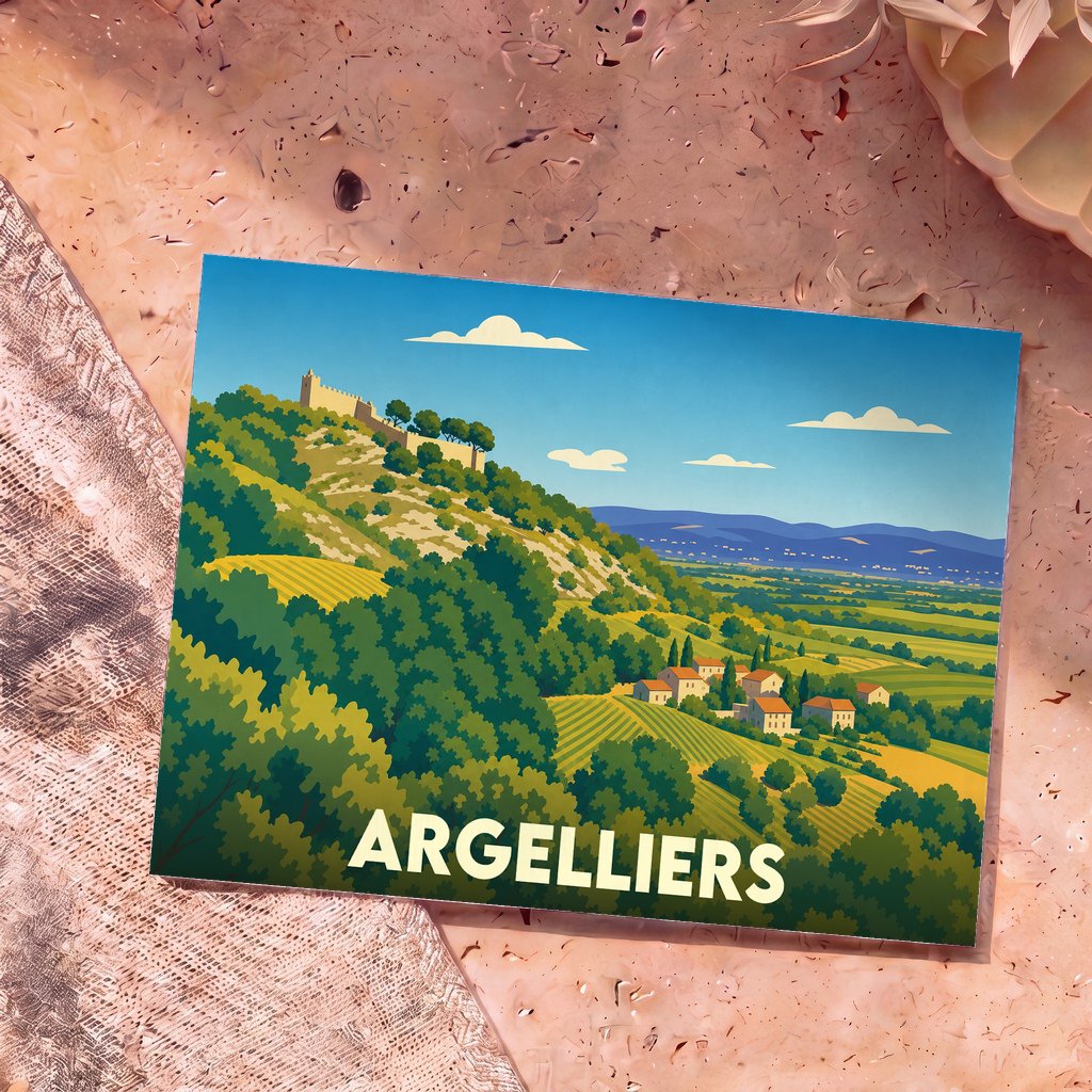 Carte postale souvenir de la ville d'Argelliers avec une illustration stylisée d'un paysage vallonné et ensoleillé.