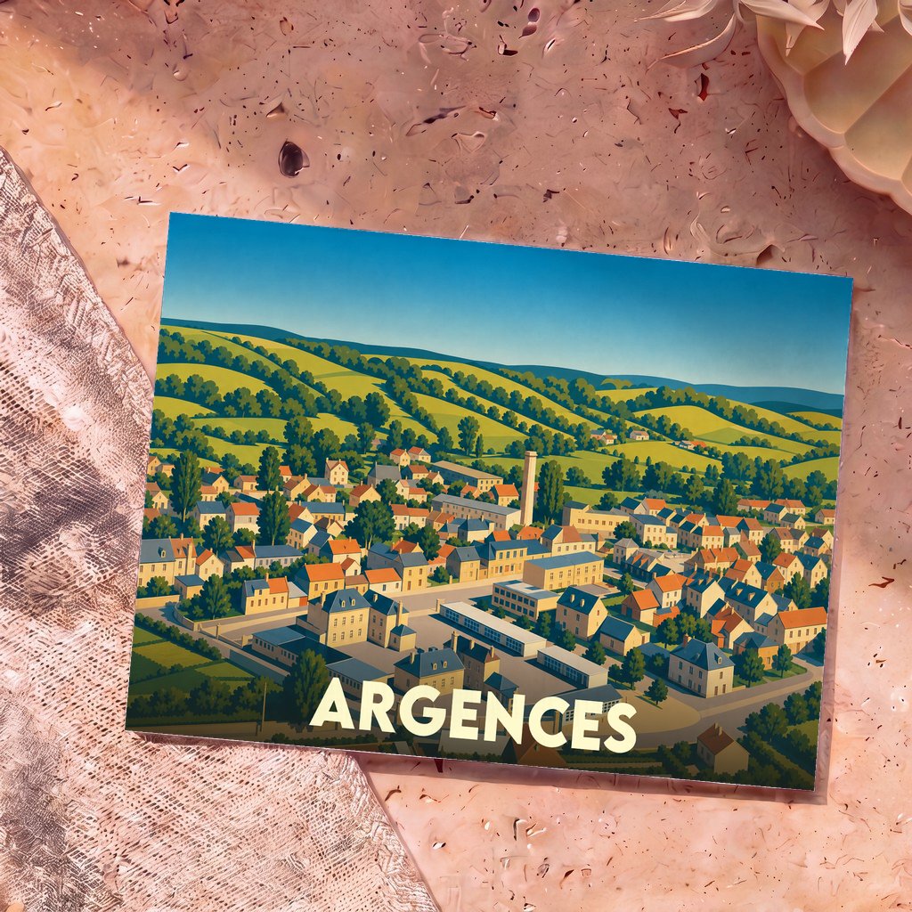 Carte postale souvenir de la ville d'Argences avec une illustration stylisée et colorée de la commune.