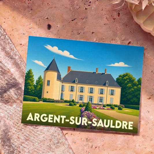 Carte postale souvenir de la ville d'Argent-sur-Sauldre avec une illustration stylisée de son château et de ses jardins.