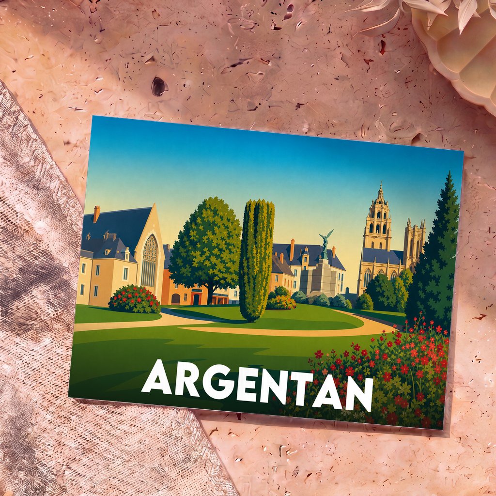 Carte postale souvenir de la ville d'Argentan avec une illustration colorée et stylisée de son patrimoine.