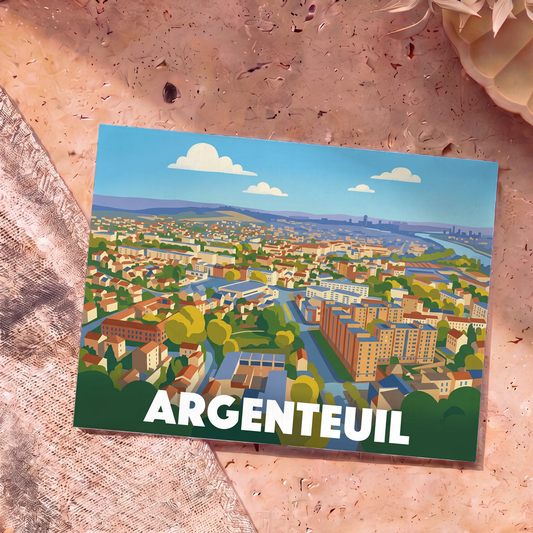 Carte postale souvenir de la ville d'Argenteuil avec une illustration stylisée vue du ciel.
