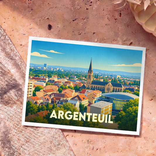 Carte postale souvenir de la ville d'Argenteuil avec une illustration stylisée et colorée de son paysage urbain.
