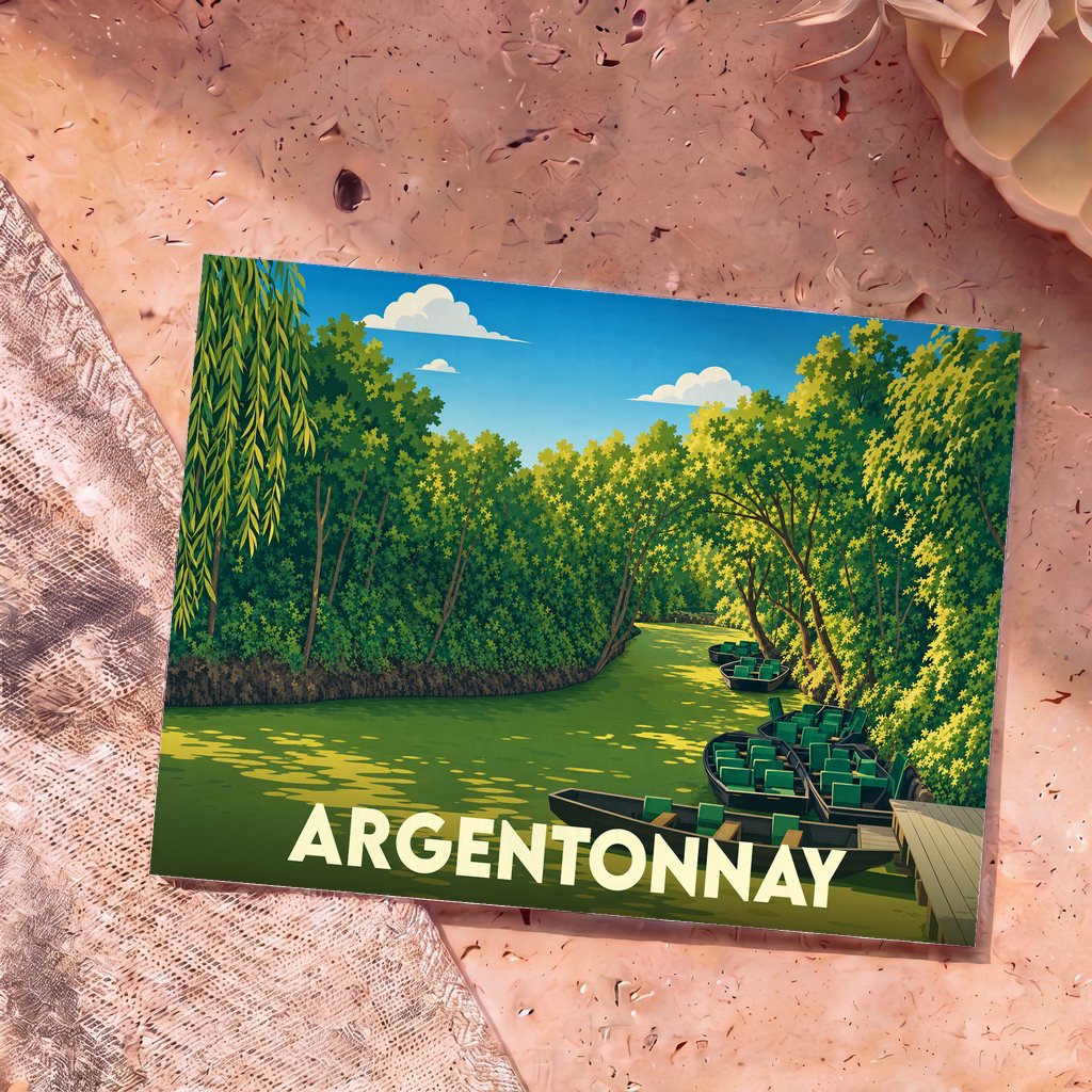 Carte postale souvenir de la ville d'Argentonnay illustrant des barques sur une rivière bordée d'une forêt verdoyante.