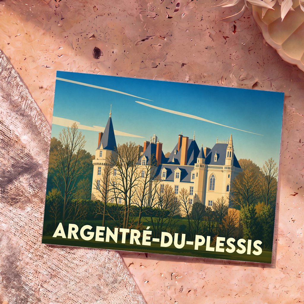 Carte postale souvenir de la ville d'Argentré-du-Plessis avec une illustration stylisée de son château.