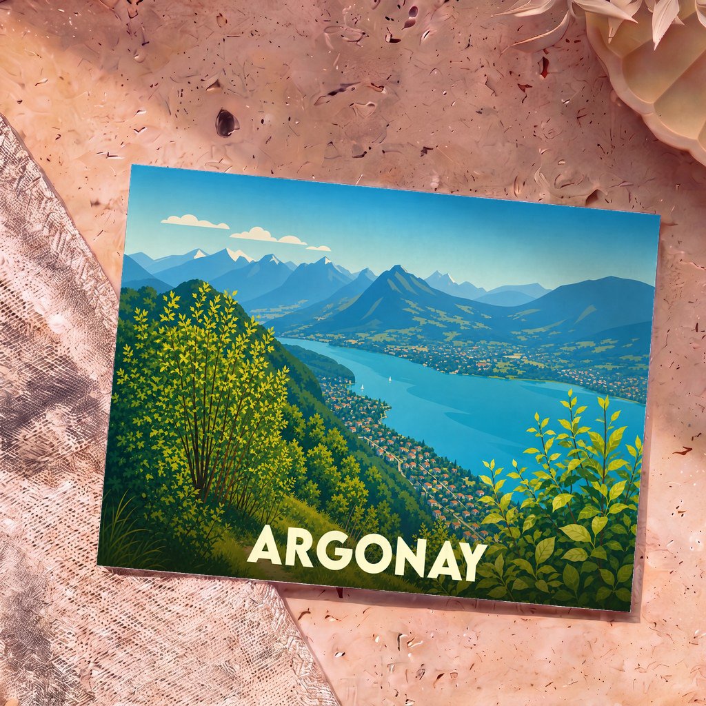 Carte postale souvenir d'Argonay avec une illustration panoramique stylisée d'un lac et de montagnes.