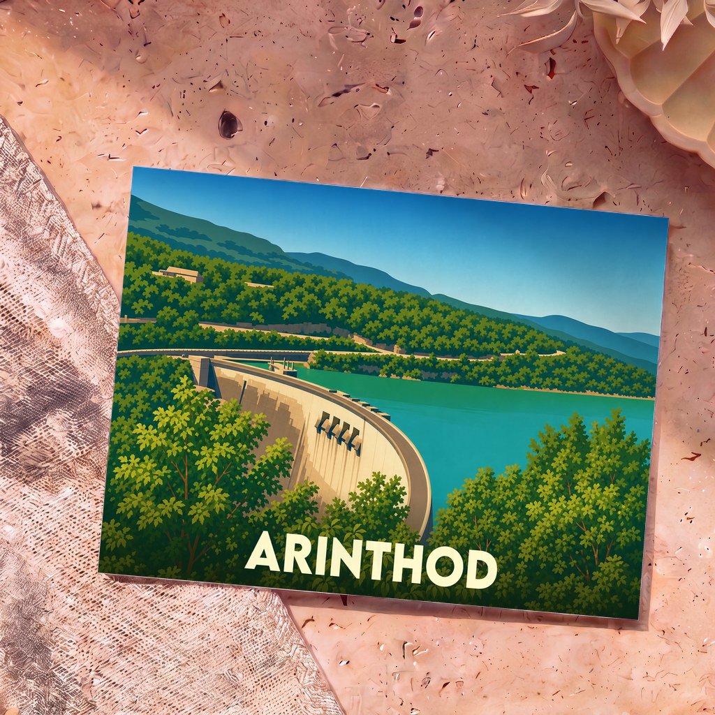 Carte postale souvenir de la ville d'Arinthod illustrant le barrage de Vouglans dans un style graphique épuré.