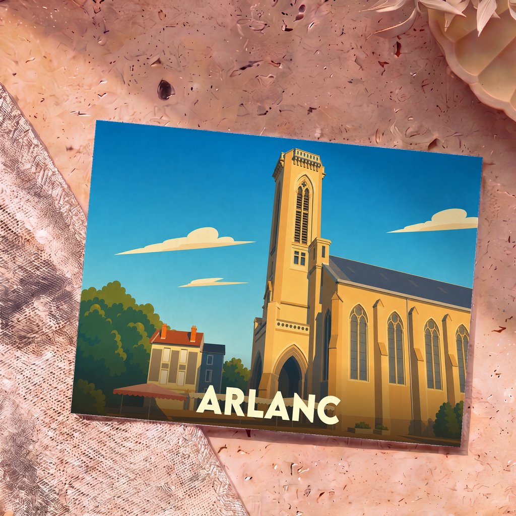 Carte postale souvenir de la ville d'Arlanc illustrant son église dans un style graphique épuré.
