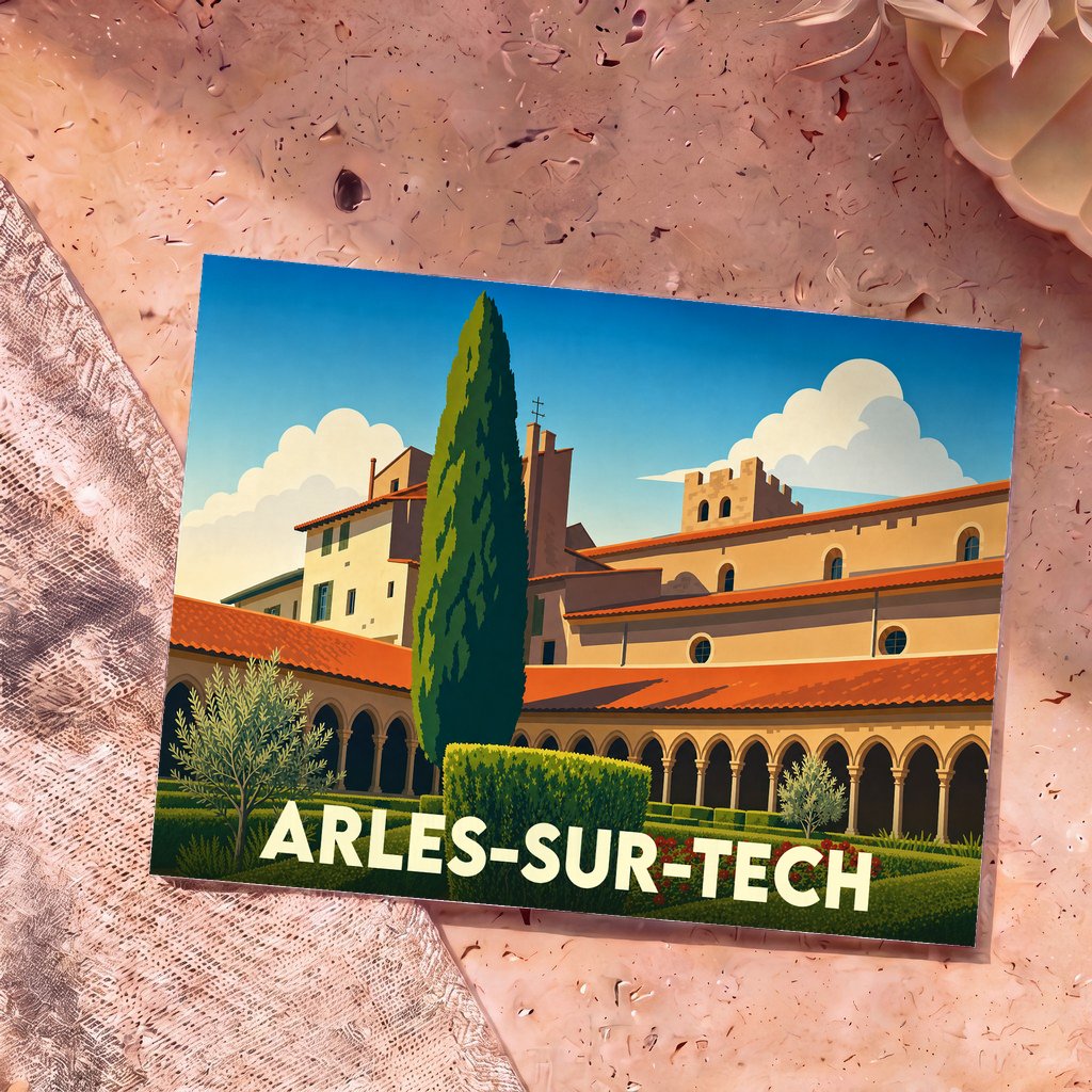 Carte postale souvenir de la ville d'Arles-sur-Tech avec une illustration stylisée de son abbaye et de son cloître.
