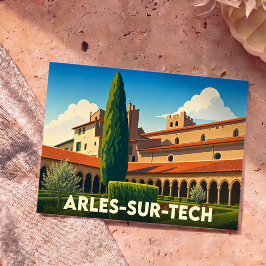 Carte postale souvenir de la ville d'Arles-sur-Tech avec une illustration stylisée de son abbaye et de son cloître.