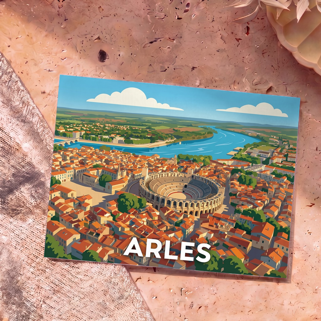 Carte postale souvenir de la ville d'Arles avec une illustration stylisée de ses arènes romaines et du Rhône.