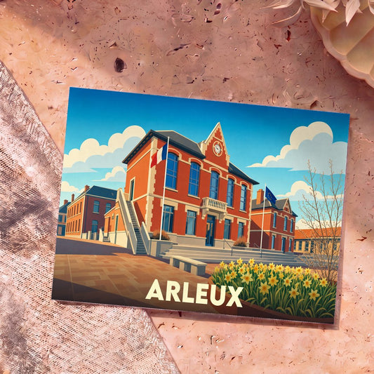 Carte postale souvenir de la ville d'Arleux présentant une illustration stylisée de son hôtel de ville.