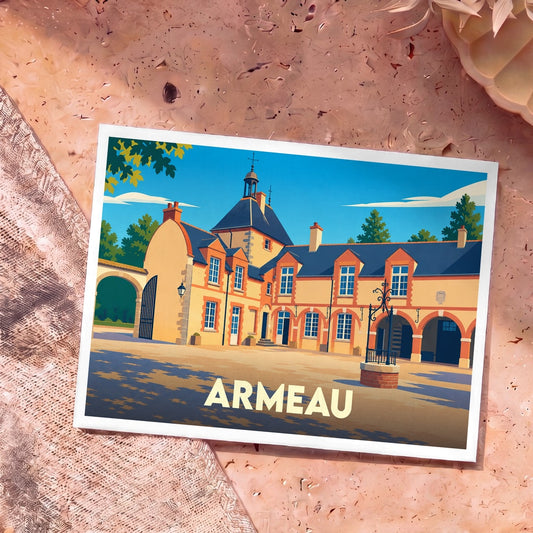 Carte postale souvenir de la ville d'Armeau illustrant un bâtiment historique stylisé sous un ciel bleu.