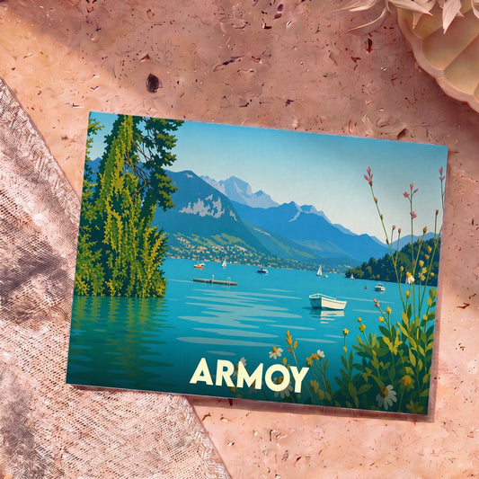 Carte postale souvenir de la ville d'Armoy avec une illustration stylisée d'un lac de montagne.