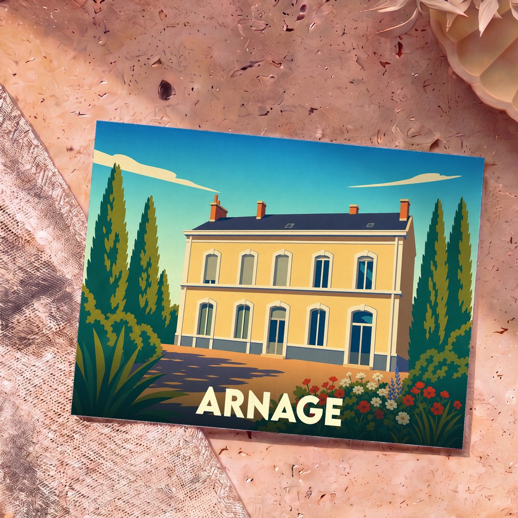 Carte postale souvenir de la ville d'Arnage avec une illustration stylisée d'une grande demeure jaune.