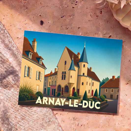 Carte postale souvenir de la ville d'Arnay-le-Duc avec une illustration stylisée de son architecture historique.