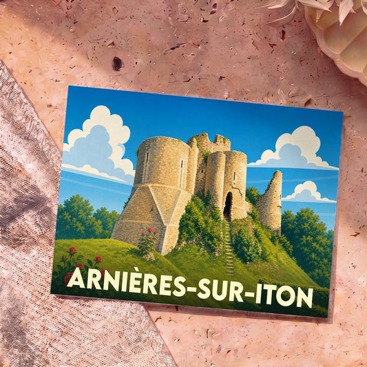 Carte postale souvenir d'Arnières-sur-Iton illustrant les ruines d'un château médiéval dans un style graphique épuré.