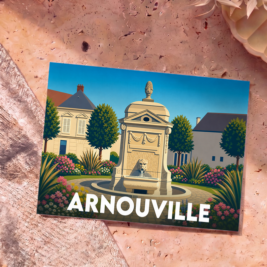 Carte postale souvenir de la ville d'Arnouville illustrant une fontaine classique au cœur d'un jardin fleuri.