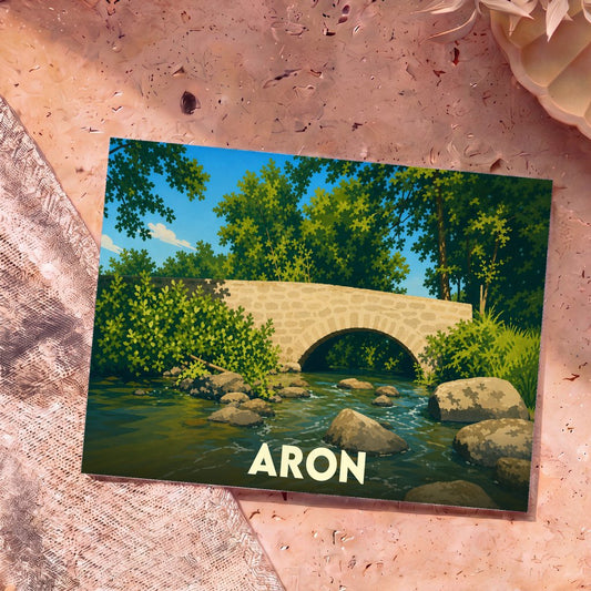 Carte postale souvenir de la ville de Aron avec une illustration stylisée d'un pont en pierre au-dessus d'une rivière.