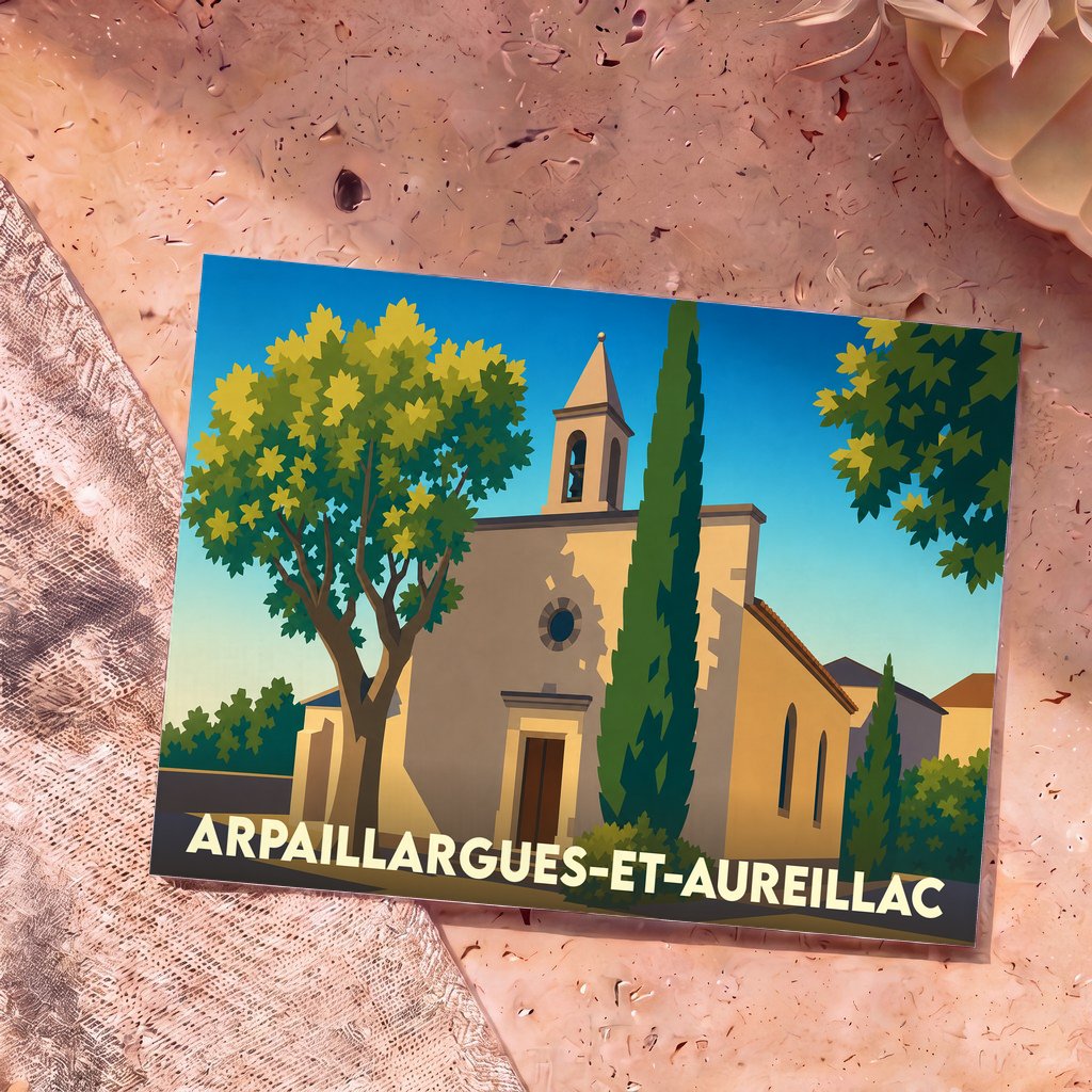 Carte postale souvenir de la ville d'Arpaillargues-et-Aureillac avec une illustration stylisée de son église sous un ciel bleu.