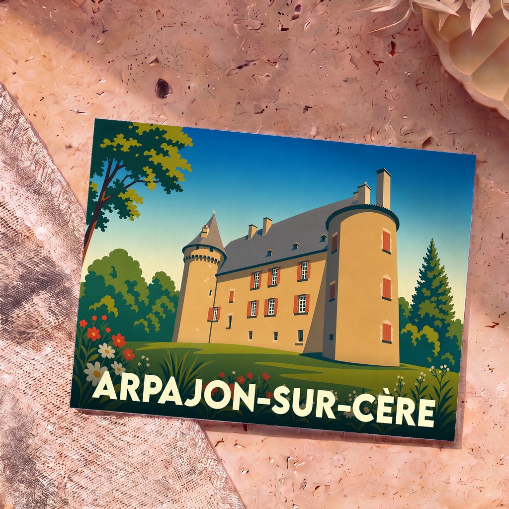 Carte postale souvenir de la ville d'Arpajon-sur-Cère illustrant le château de Conros dans un style rétro.