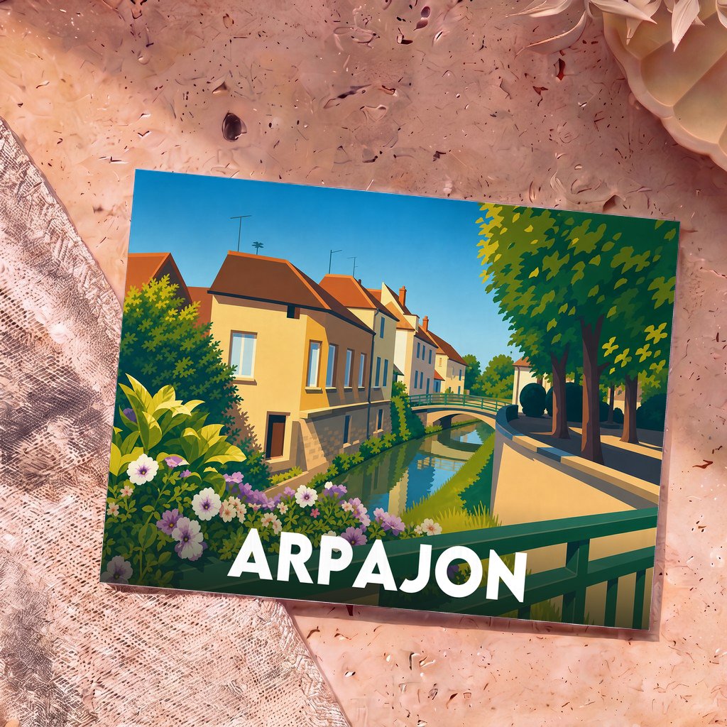 Carte postale souvenir de la ville d'Arpajon avec une illustration stylisée d'un canal et de maisons colorées.