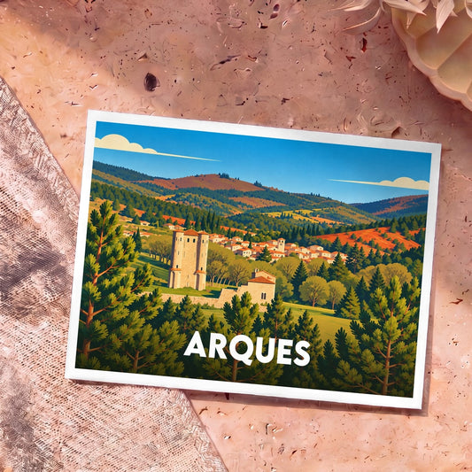 Carte postale souvenir de la ville d'Arques avec une illustration stylisée du château et du village nichés dans la vallée.