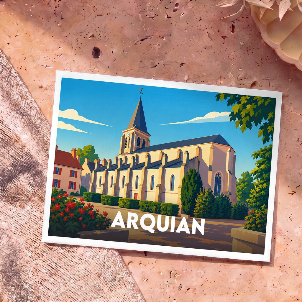Carte postale souvenir de la ville de Arquian avec une illustration stylisée de son église.