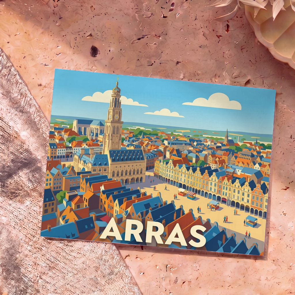Carte postale souvenir de la ville d'Arras présentant une illustration stylisée et colorée de ses célèbres places et de son beffroi.