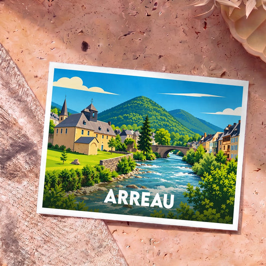 Carte postale souvenir de la ville d'Arreau avec une illustration stylisée d'un village de montagne traversé par une rivière.