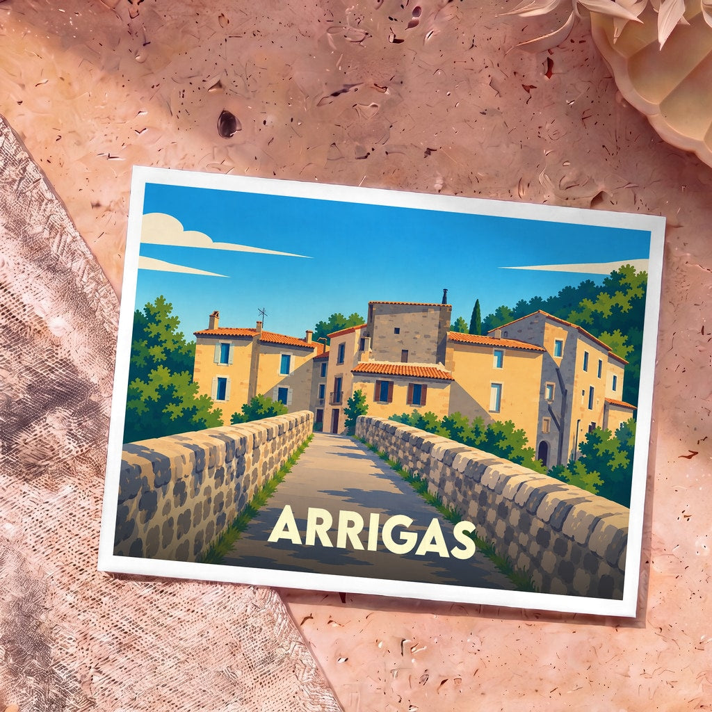 Carte postale souvenir de la ville d'Arrigas illustrée d'un pont en pierre menant à un village pittoresque.
