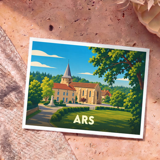 Carte postale souvenir de la ville d'Ars avec une illustration stylisée de son église et de son paysage verdoyant.