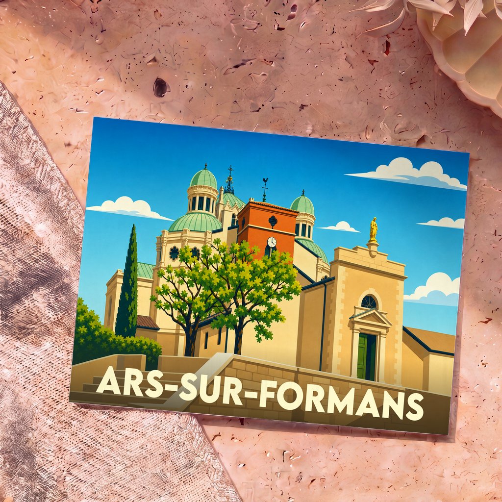 Carte postale souvenir de la ville d'Ars-sur-Formans avec une illustration stylisée de sa basilique.