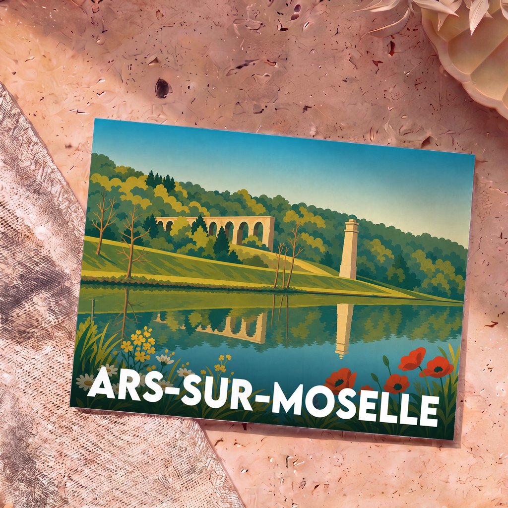 Carte postale souvenir de la ville d'Ars-sur-Moselle avec une illustration stylisée de son aqueduc romain se reflétant dans l'eau.