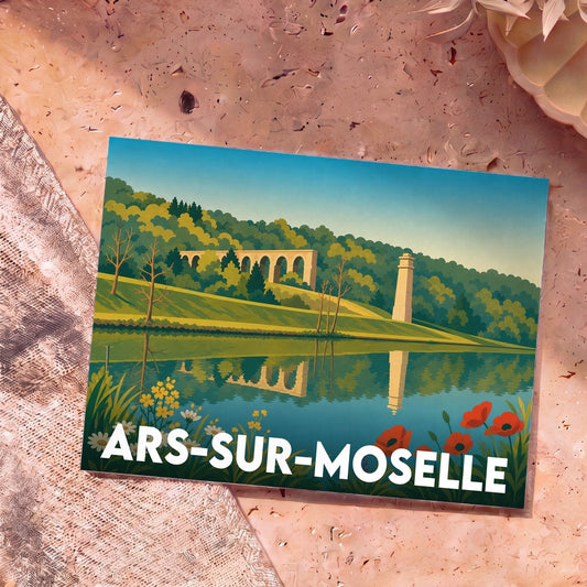 Carte postale souvenir de la ville d'Ars-sur-Moselle avec une illustration stylisée de son aqueduc romain se reflétant dans l'eau.