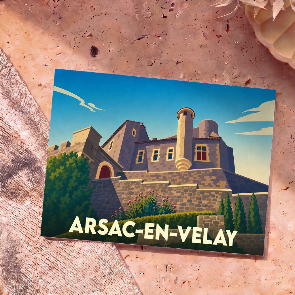 Carte postale souvenir de la ville d'Arsac-en-Velay avec une illustration stylisée de son château.