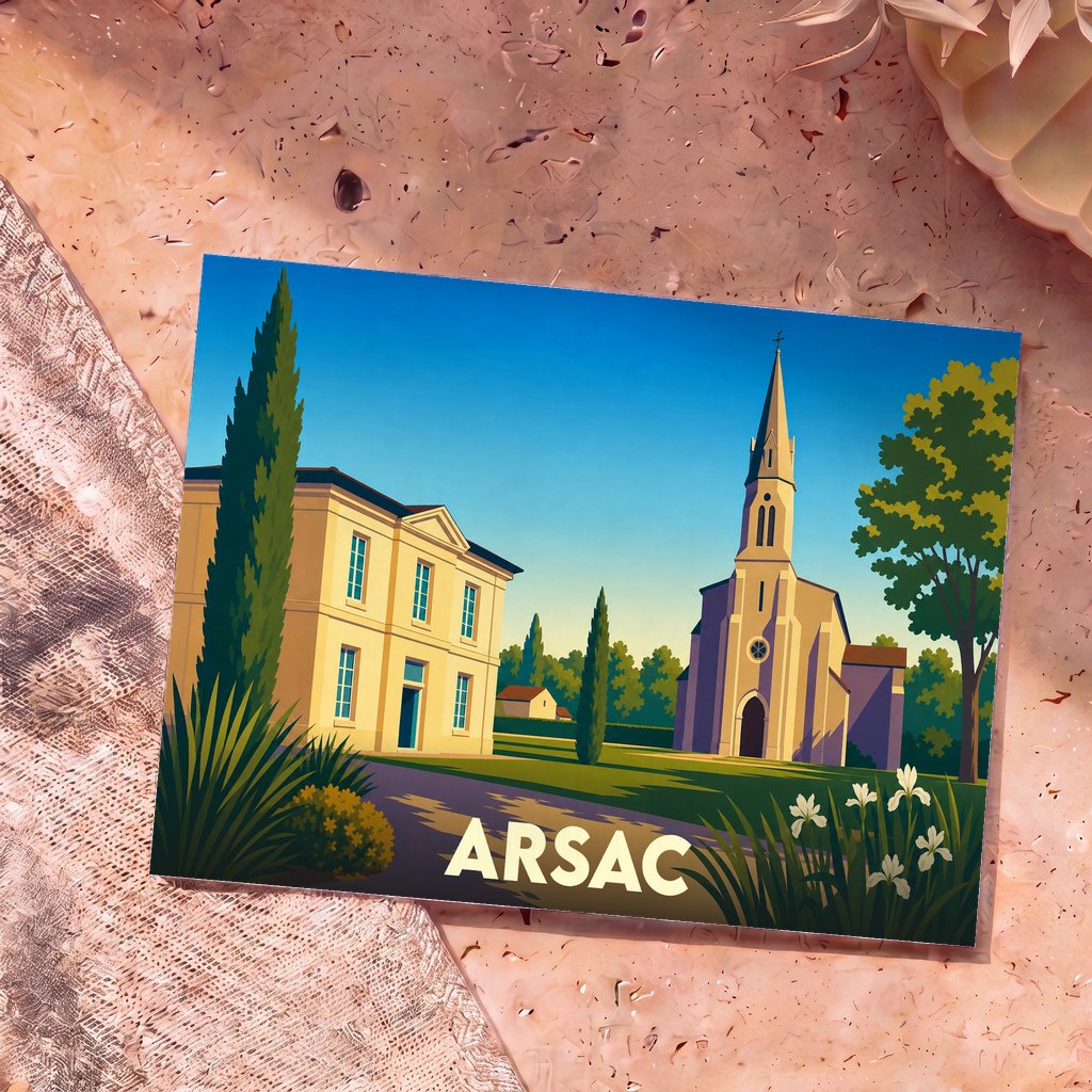 Carte postale souvenir de la ville d'Arsac avec une illustration stylisée représentant sa mairie et son église.