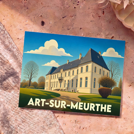 Carte postale souvenir de la ville de Art-sur-Meurthe illustrant son château dans un style graphique épuré.