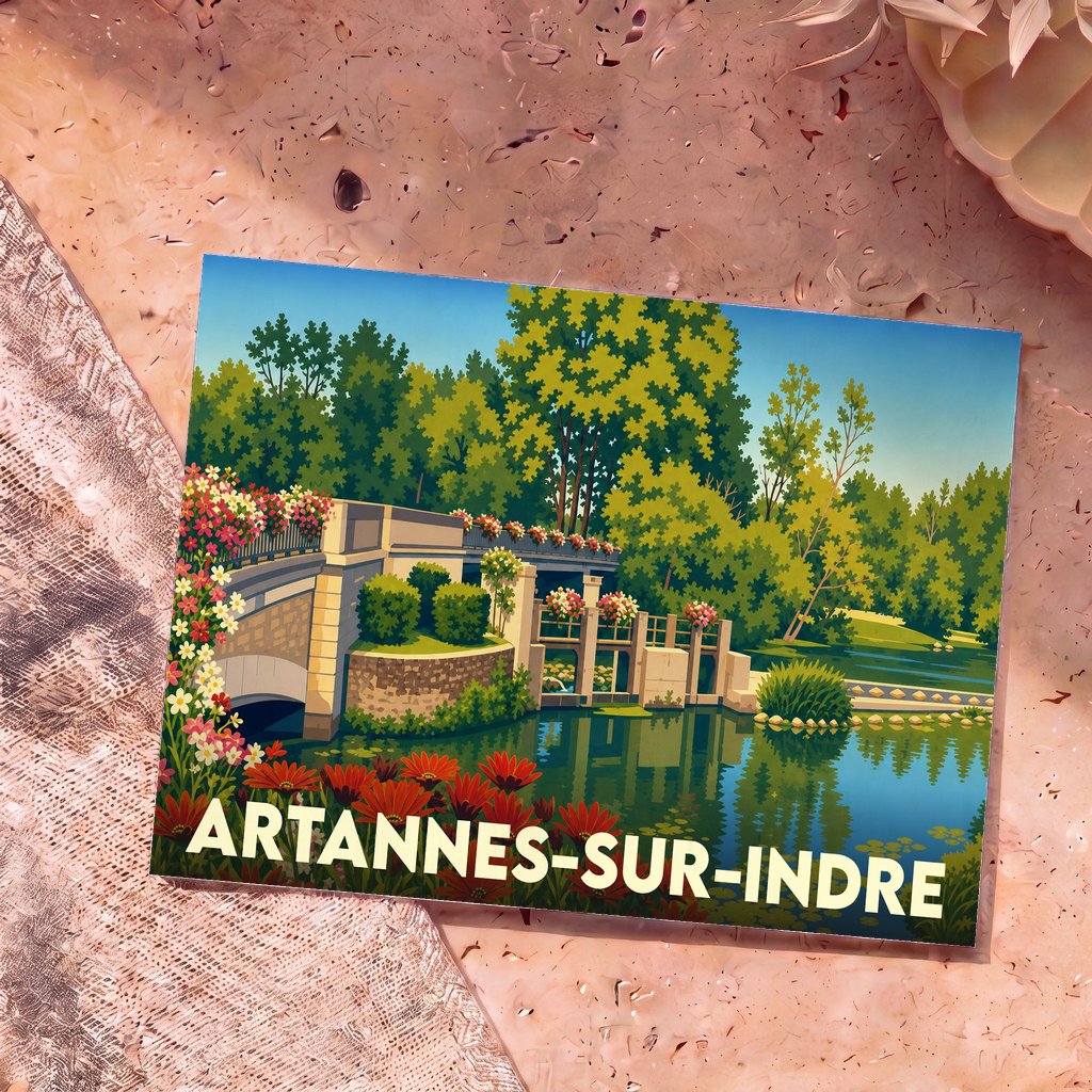 Carte postale souvenir de la ville d'Artannes-sur-Indre avec une illustration colorée et stylisée de son pont fleuri.