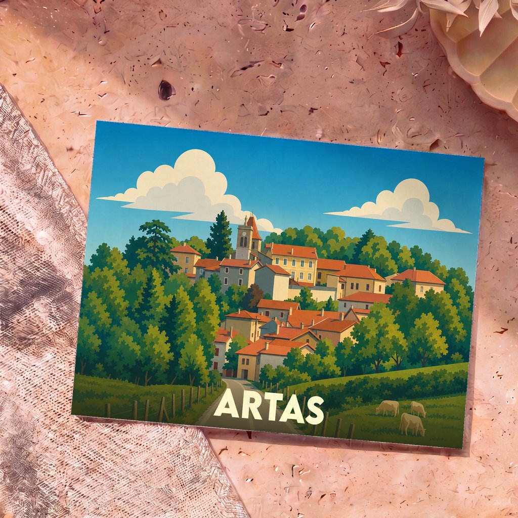 Carte postale souvenir de la ville d'Artas avec une illustration stylisée d'un village pittoresque niché dans la verdure.