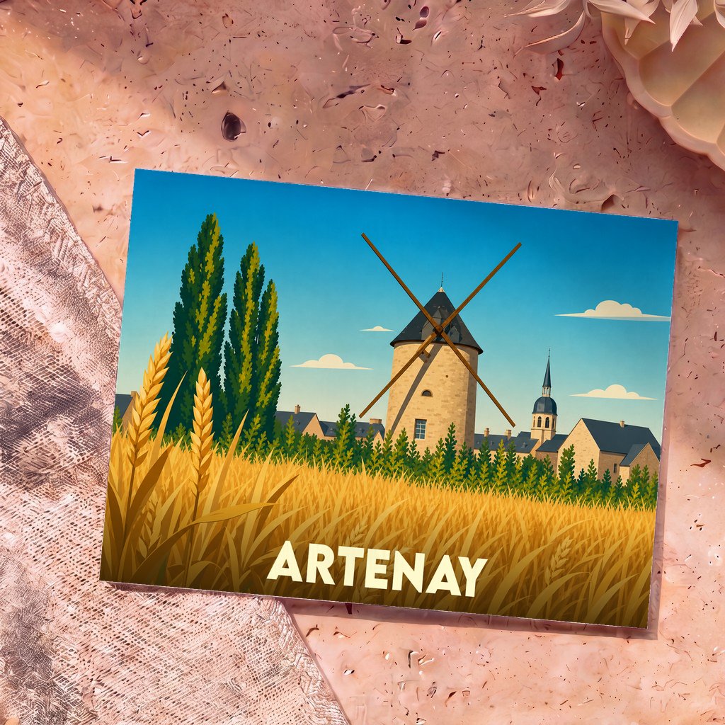 Carte postale souvenir de la ville d'Artenay avec une illustration stylisée d'un moulin et de champs de blé.
