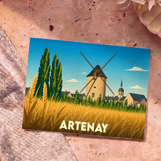 Carte postale souvenir de la ville d'Artenay avec une illustration stylisée d'un moulin et de champs de blé.