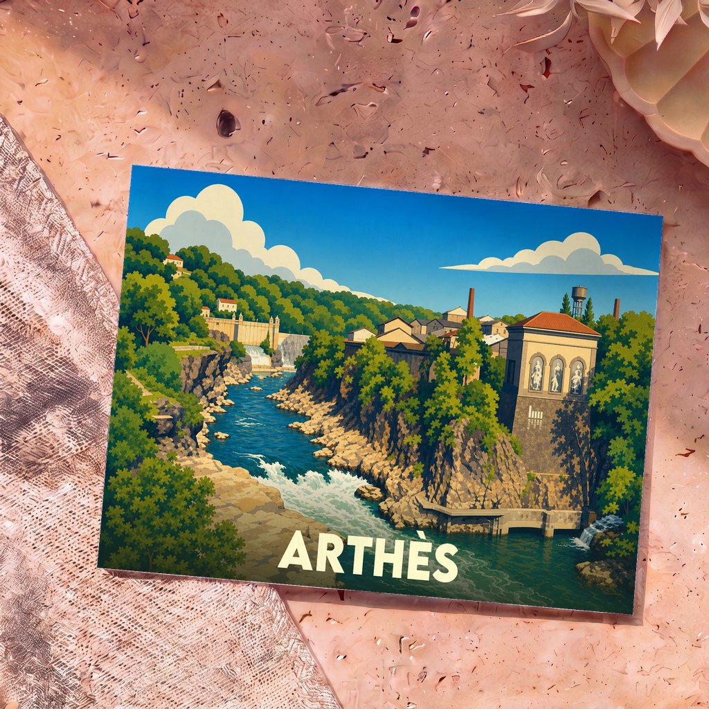 Carte postale souvenir de la ville d'Arthès avec une illustration stylisée d'un paysage fluvial et industriel.