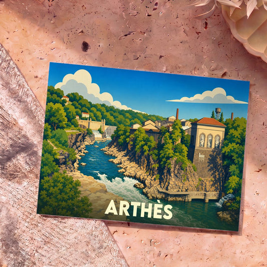 Carte postale souvenir de la ville d'Arthès avec une illustration stylisée d'un paysage fluvial et industriel.