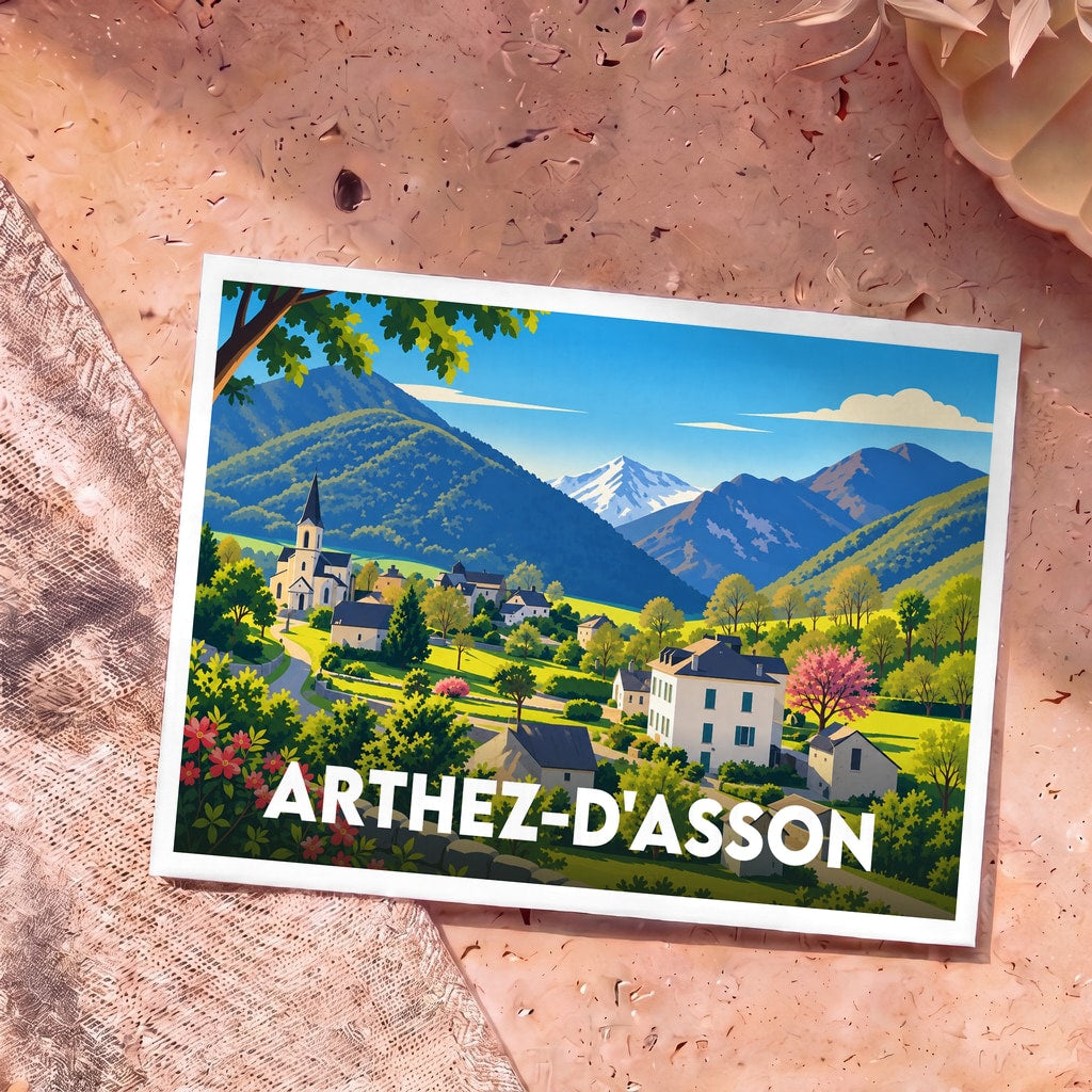 Carte postale souvenir de la ville d'Arthez-d'Asson illustrant un paysage de montagne pittoresque.